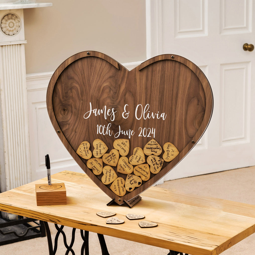 Heart Shaped Personalised Wooden Wedding Guest Book Drop Box with Wooden Box + Wooden Pen + Hearts Set Sonoma Oak, White, shops Natural Frame