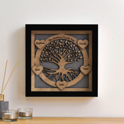 Family Tree with names engraved on hearts - wooden tree design - Stag Design