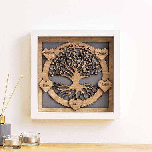 Family Tree with names engraved on hearts - wooden tree design - Stag Design