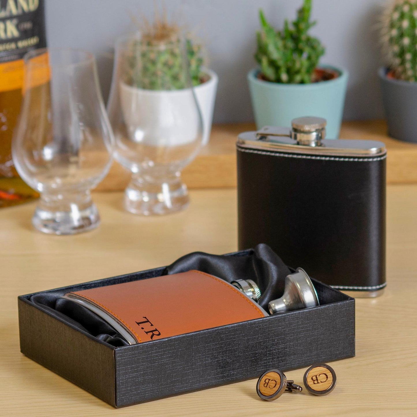 Personalised whisky wood, walnut or leather cufflinks and leather hip flask set - Stag Design