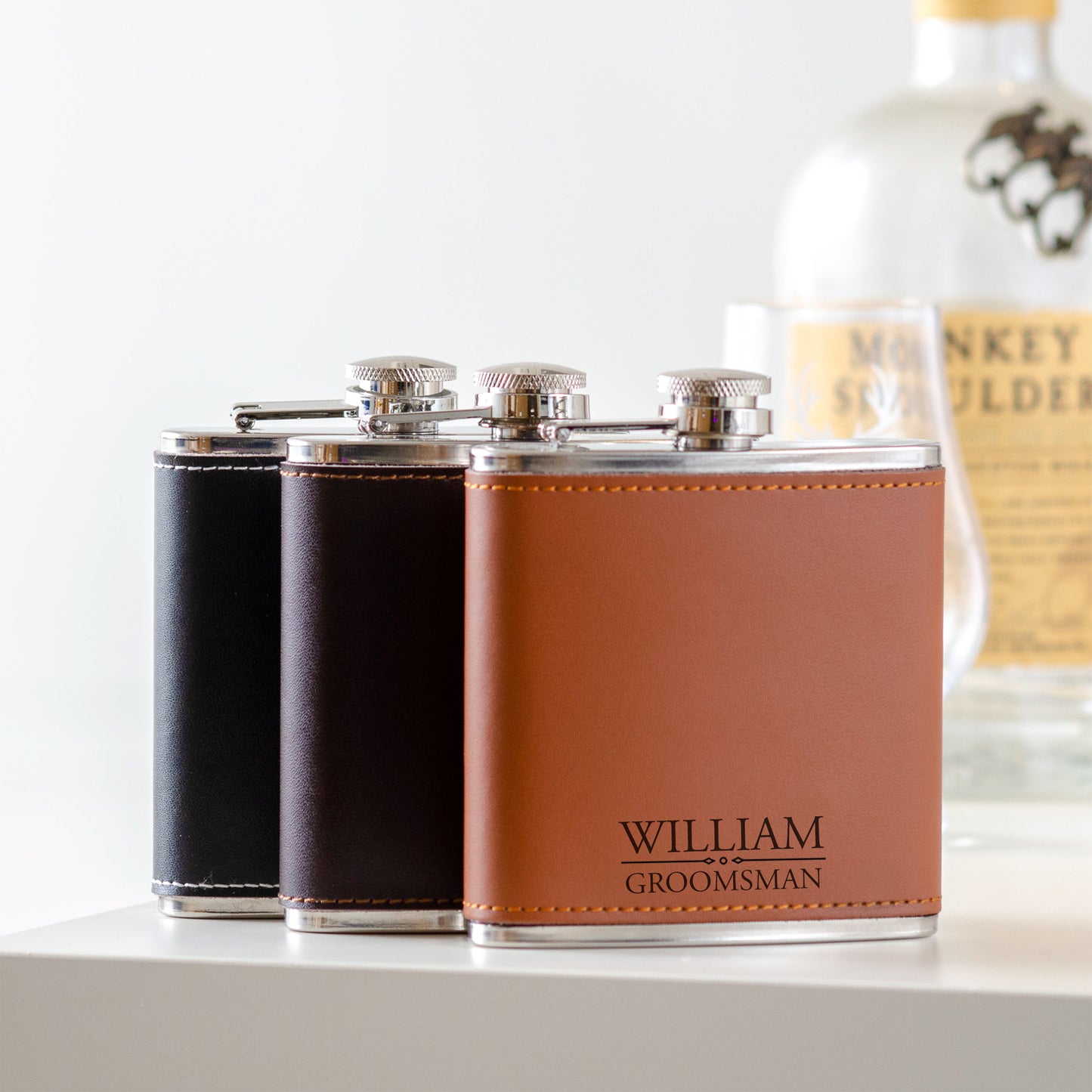 Personalised wedding leather hip flask