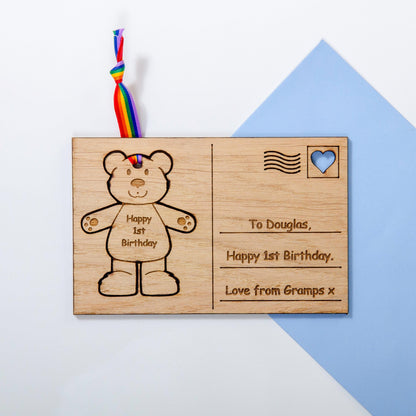 Children's birthday teddy bear wooden postcard - Stag Design