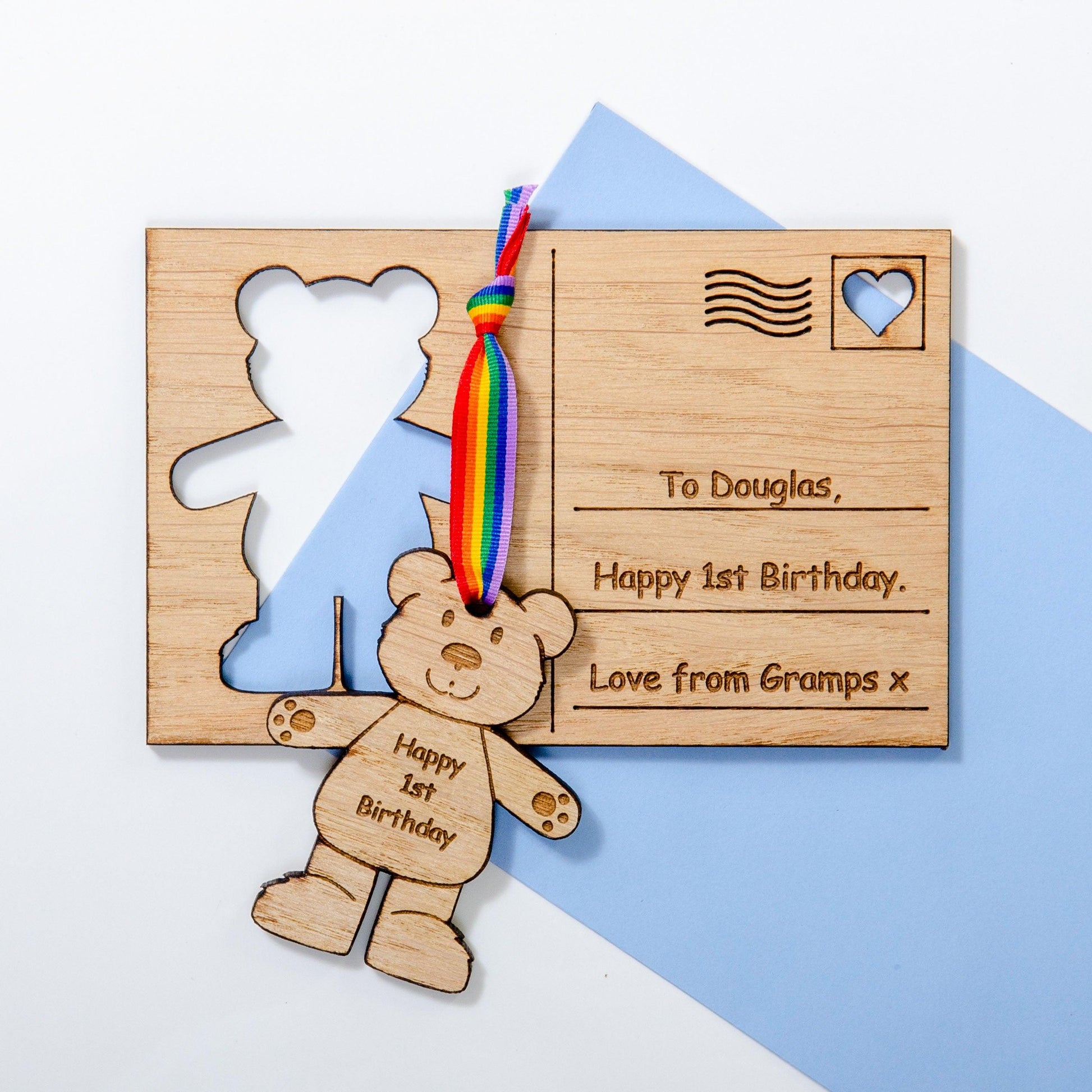 Children's birthday teddy bear wooden postcard - Stag Design