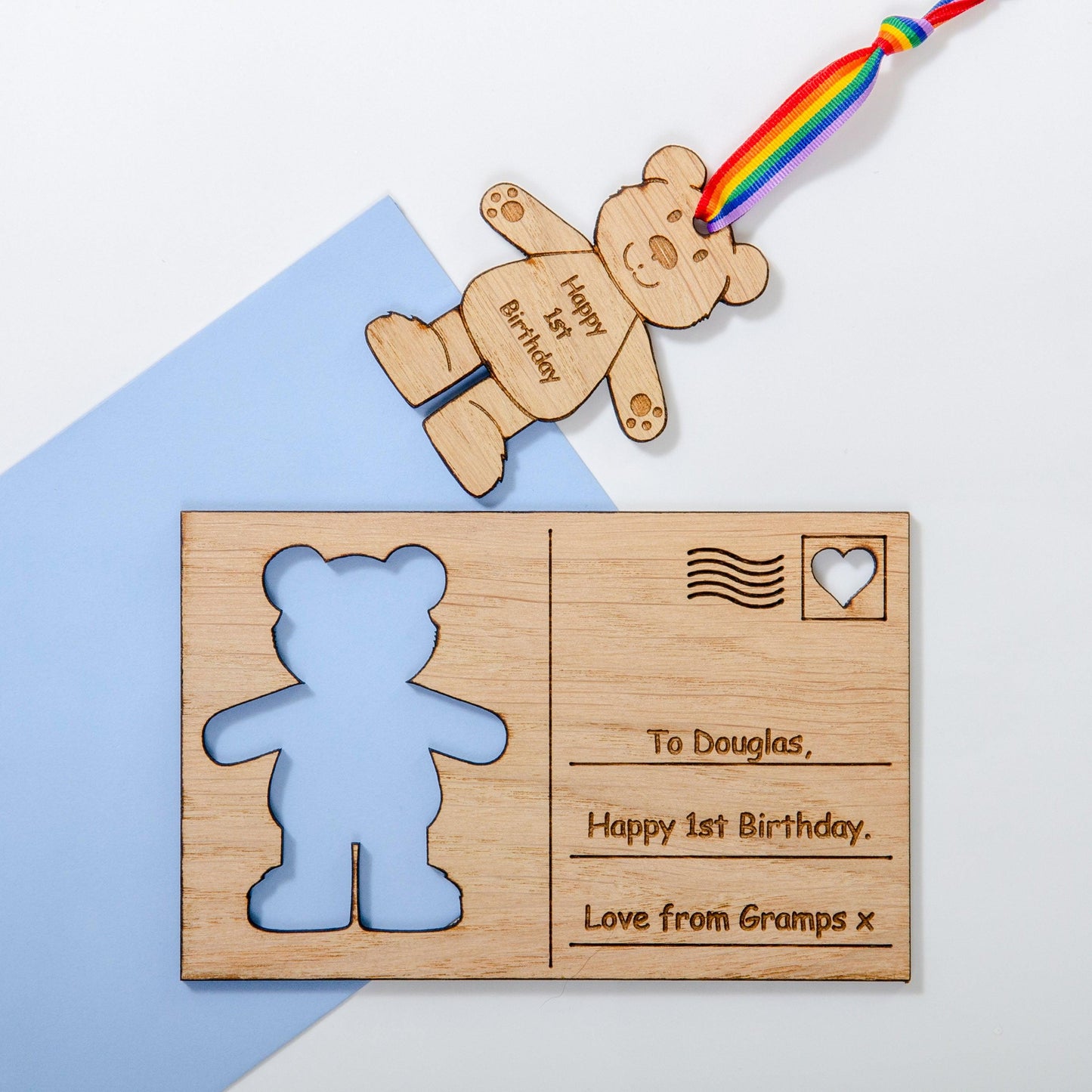 Children's birthday teddy bear wooden postcard - Stag Design