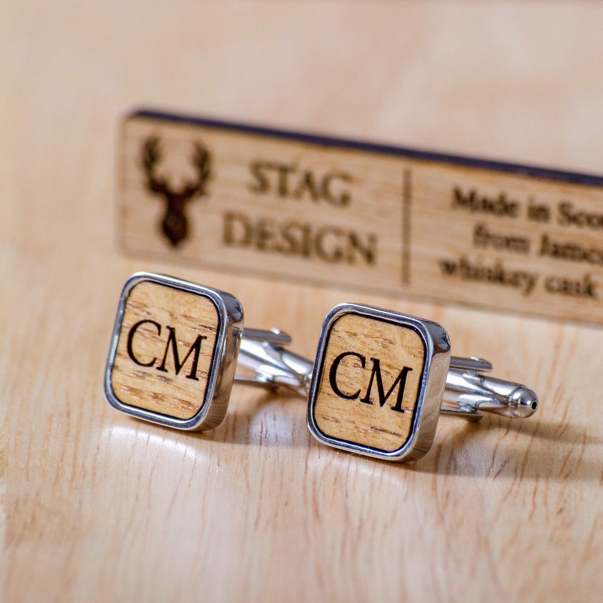 Square whisky wood, wine barrel, walnut or leather cufflinks - Stag Design