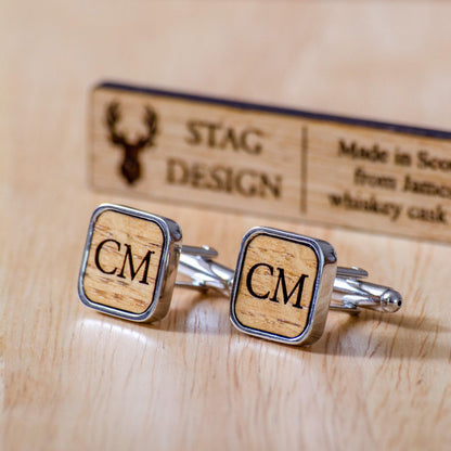 Square whisky wood, wine barrel, walnut or leather cufflinks - Stag Design