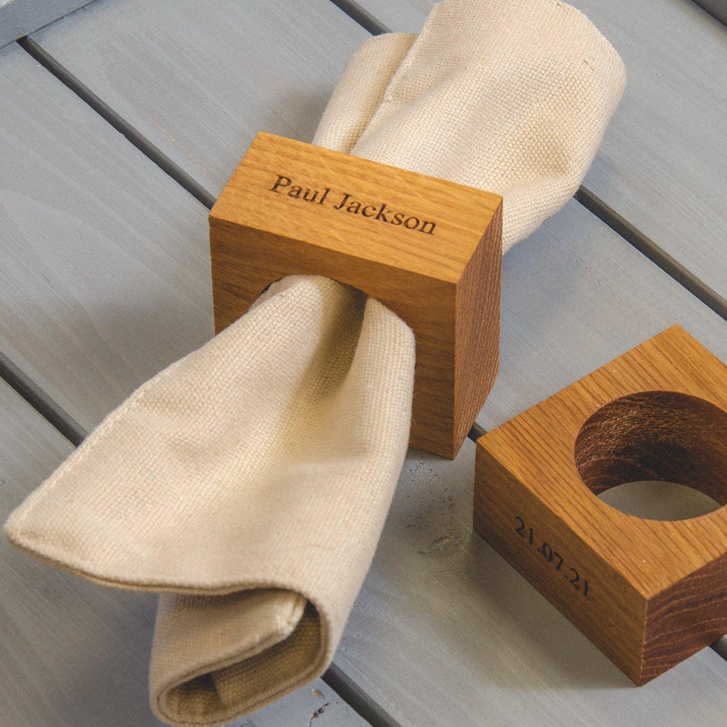 Premium solid oak personalised napkin rings - Stag Design