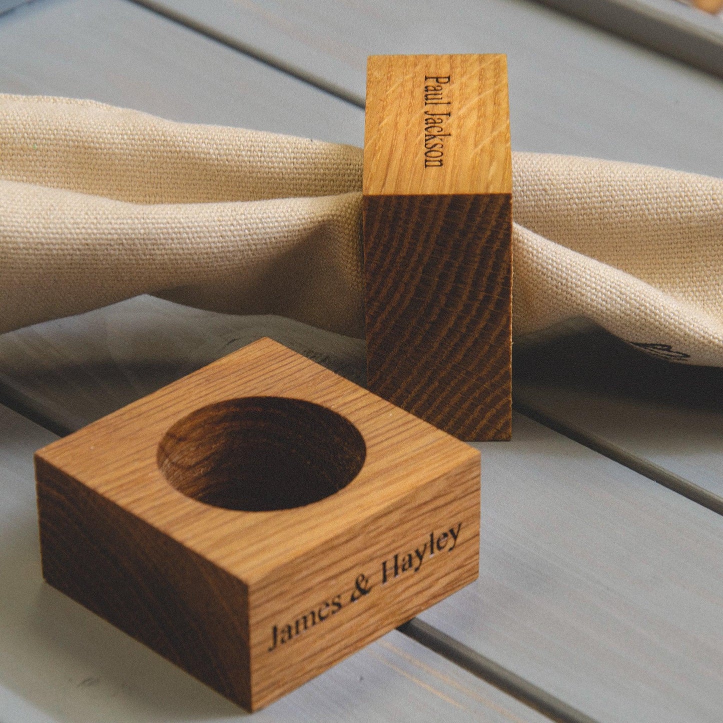 Premium solid oak personalised napkin rings - Stag Design