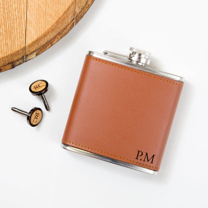 Personalised whisky wood, walnut or leather cufflinks and leather hip flask set - Stag Design