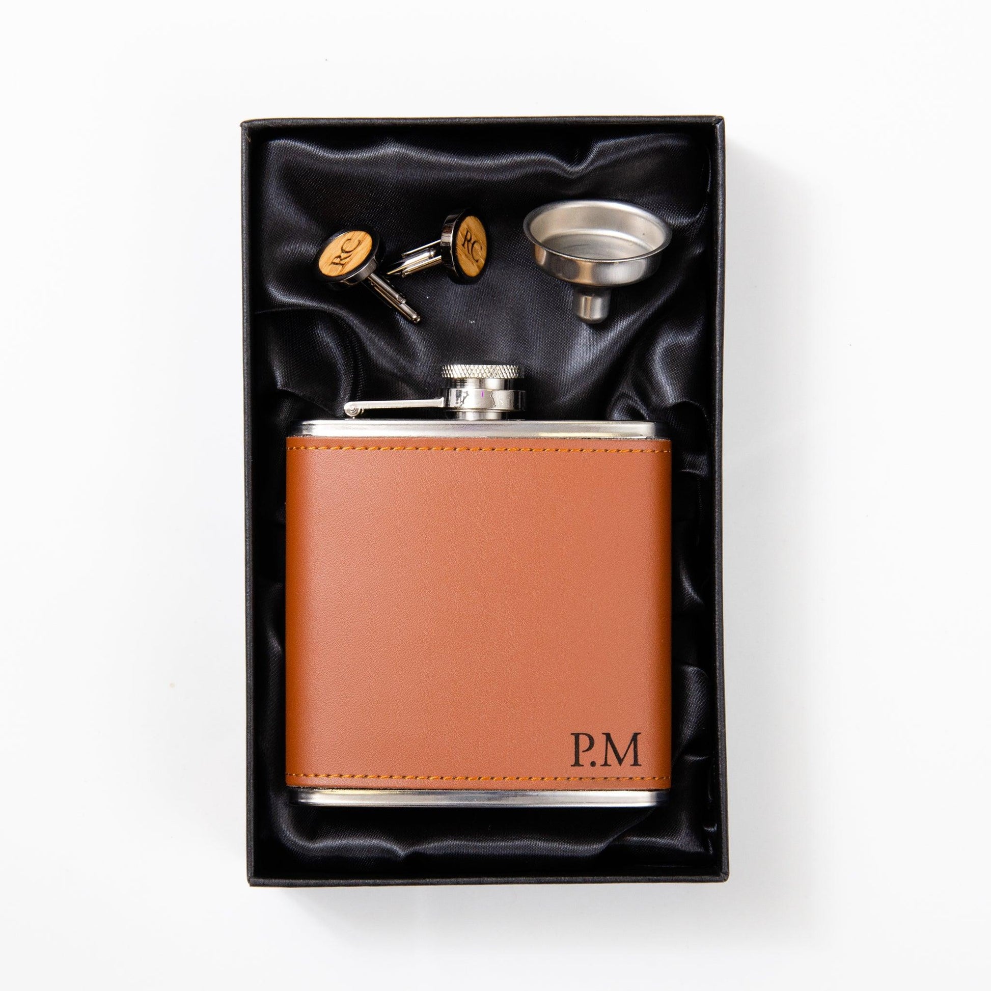 Personalised whisky wood, walnut or leather cufflinks and leather hip flask set - Stag Design