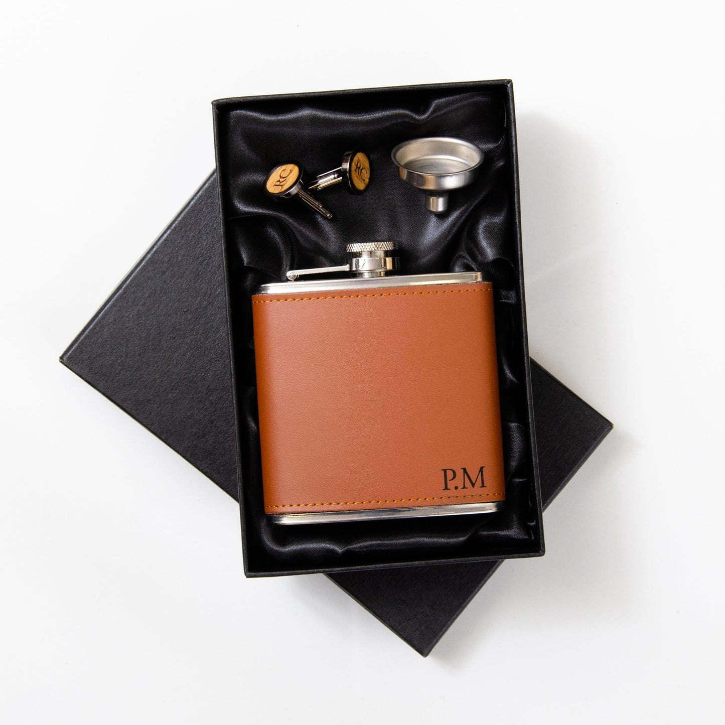 Personalised whisky wood, walnut or leather cufflinks and leather hip flask set - Stag Design