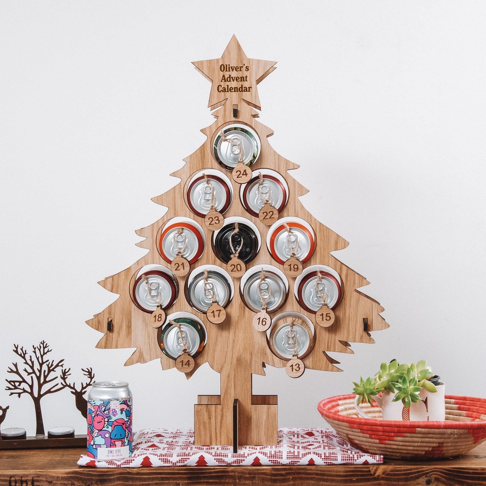 Personalised oak Advent calendar for cans - Stag Design