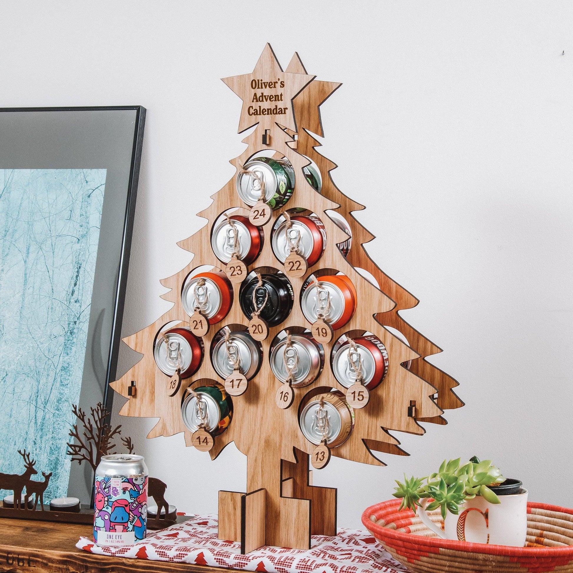 Personalised oak Advent calendar for cans - Stag Design