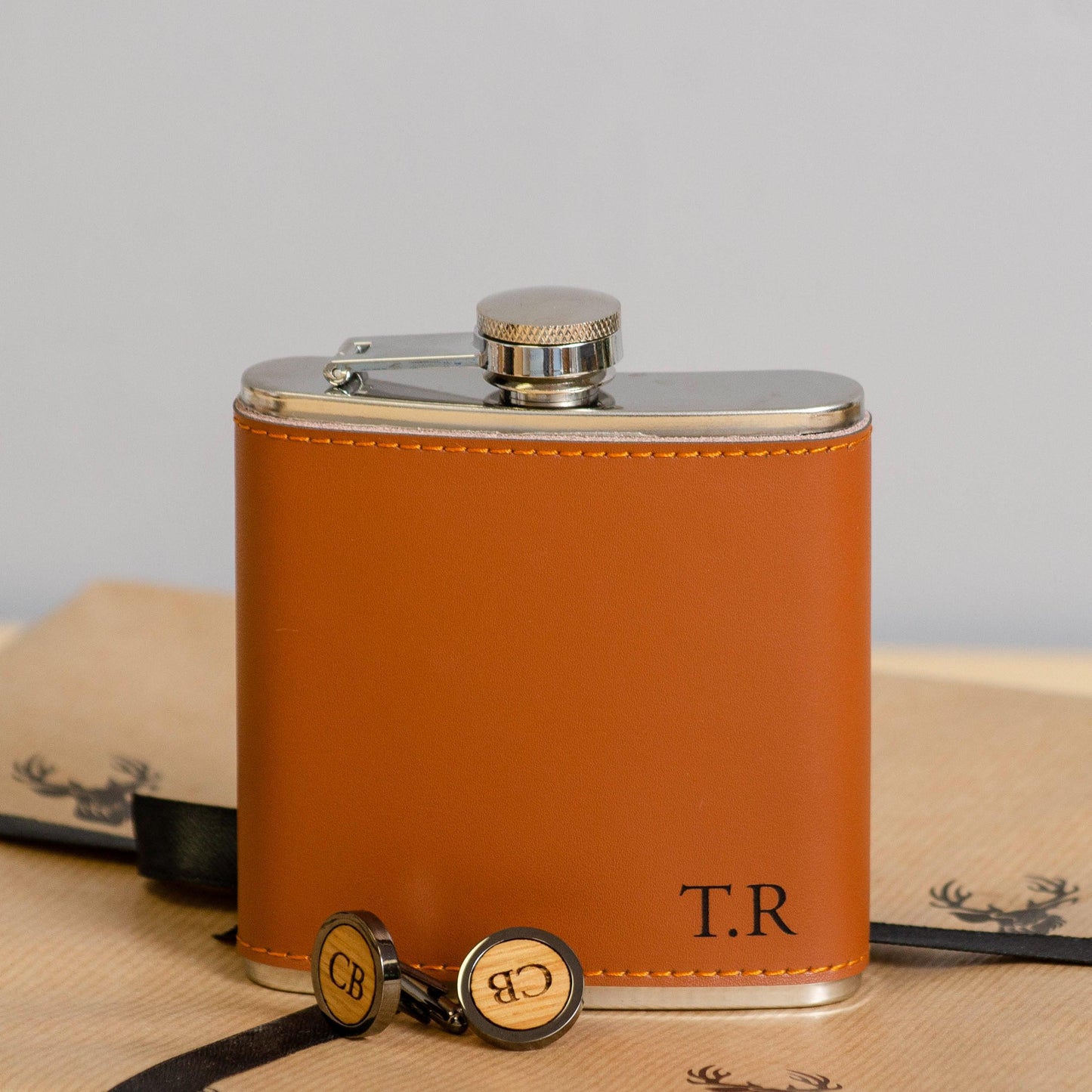 Personalised whisky wood, walnut or leather cufflinks and leather hip flask set - Stag Design