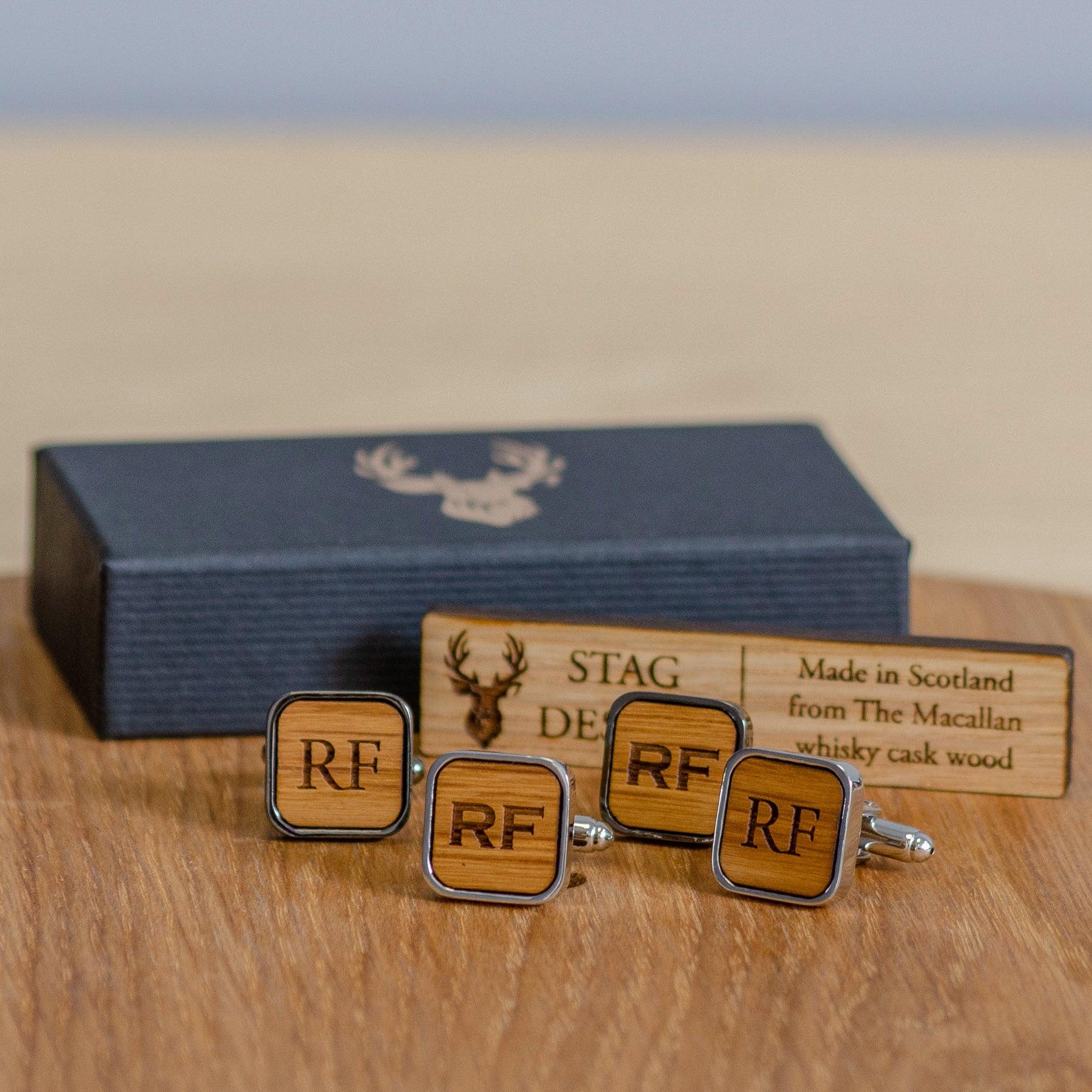 Square whisky wood, wine barrel, walnut or leather cufflinks - Stag Design