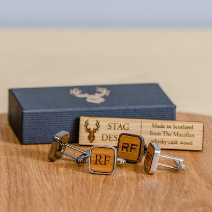 Square whisky wood, wine barrel, walnut or leather cufflinks - Stag Design