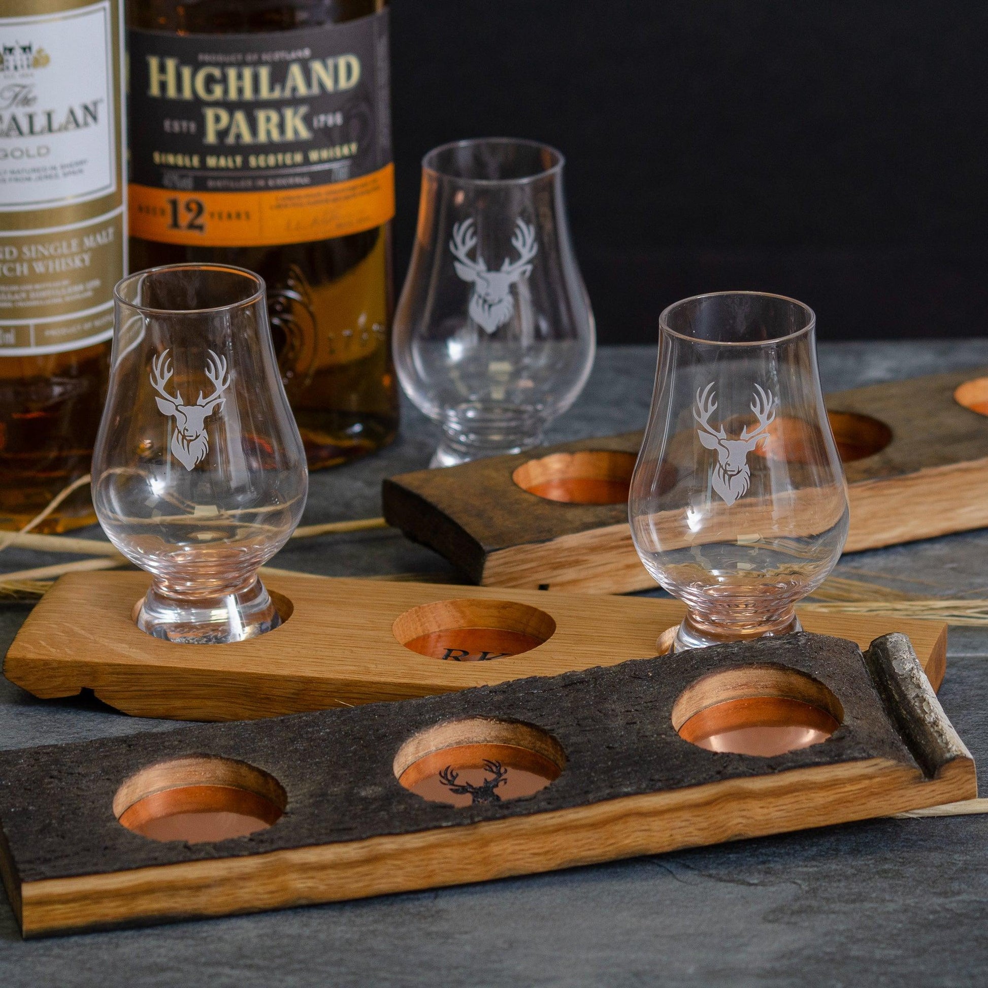 Triple or quadruple whisky wood flight for glasses - Stag Design