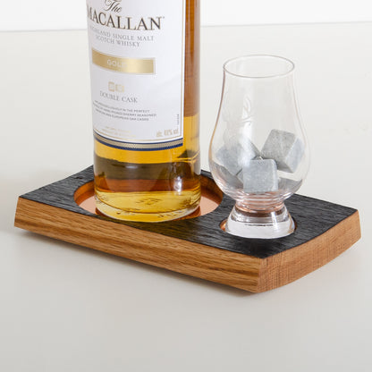 Double whisky wood flight for glass and bottle