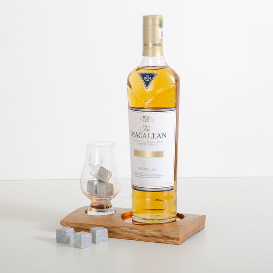 Double whisky wood flight for glass and bottle