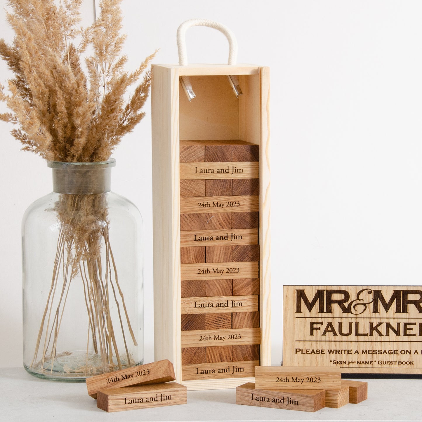 Oak or walnut building block wedding guestbook - wooden tower