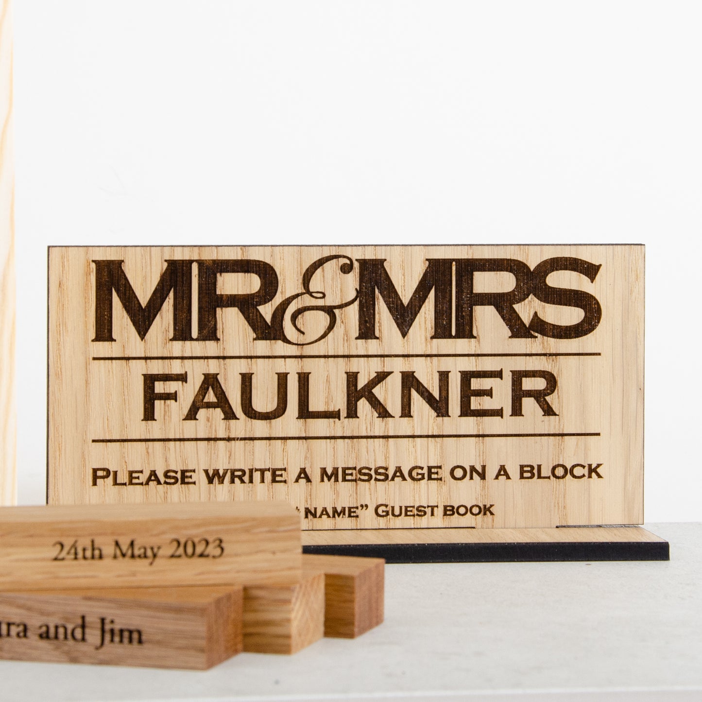 Oak or walnut building block wedding guestbook - wooden tower