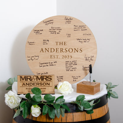 Wooden circle guest book sign