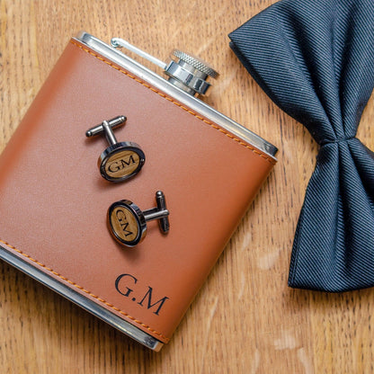 Personalised whisky wood, walnut or leather cufflinks and leather hip flask set - Stag Design