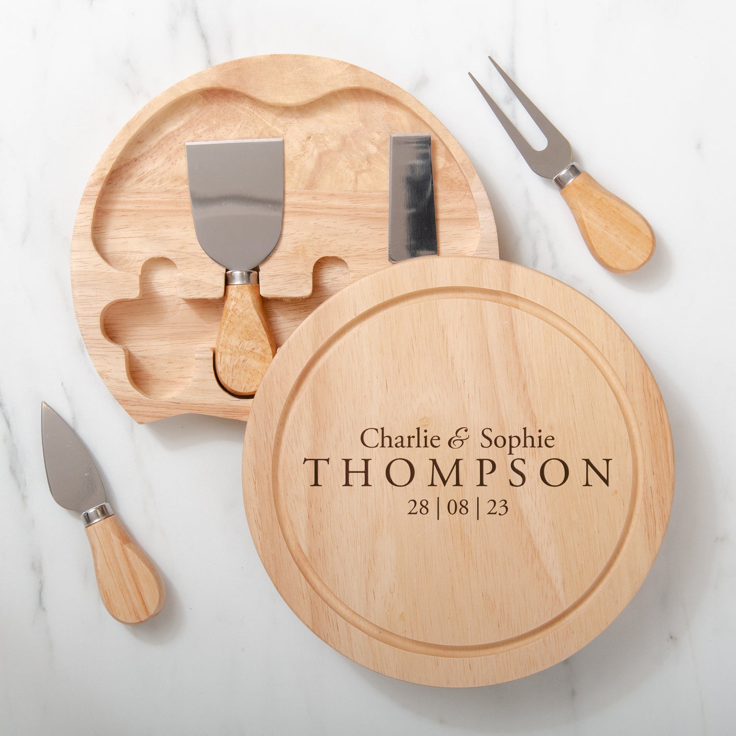 Personalised wedding cheese board and tools